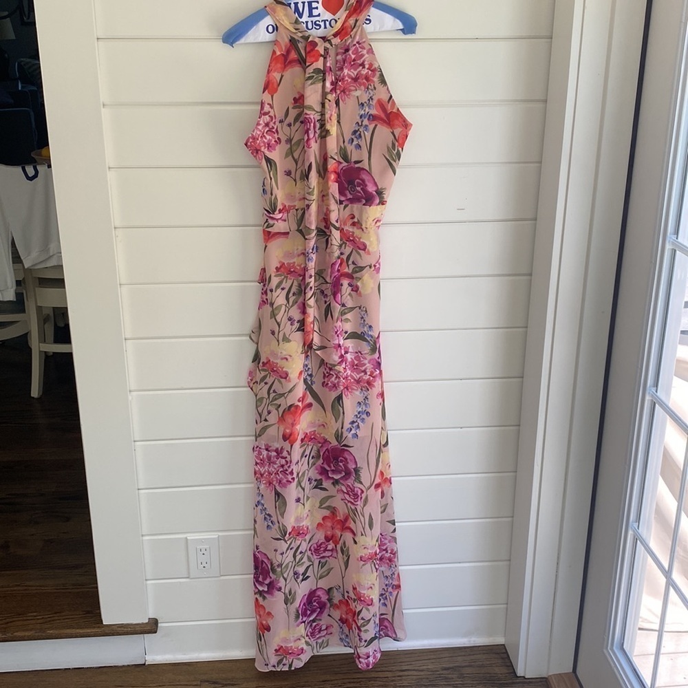 Eliza J | Halter Neck Floral Print Chiffon Sleeveless Side Slit Cascade Ruffle - Picture 4 of 11